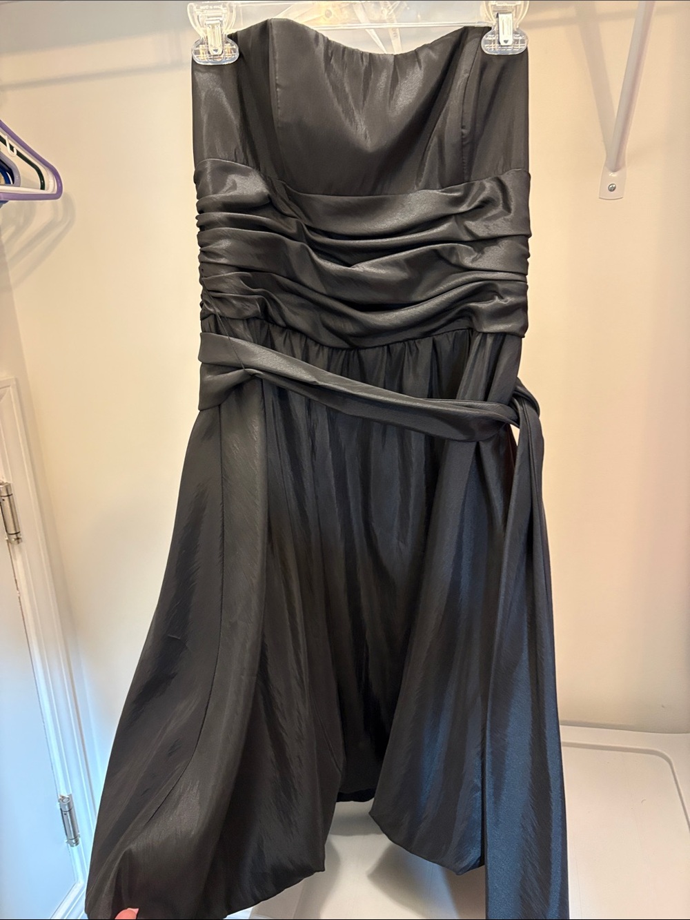 David's Bridal Strapless Black Satin Cocktail Dress with Draped Waist